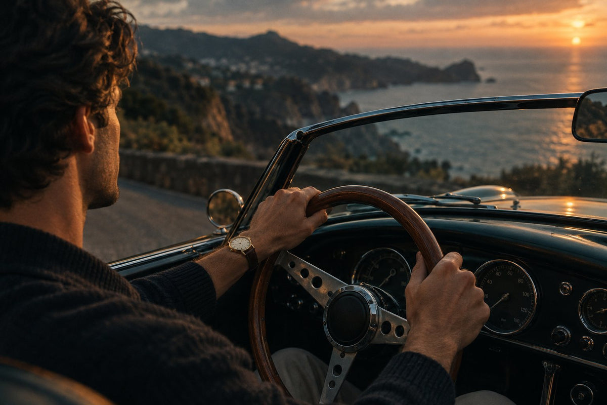 Driving a vintage convertible on a coastal road at dusk
