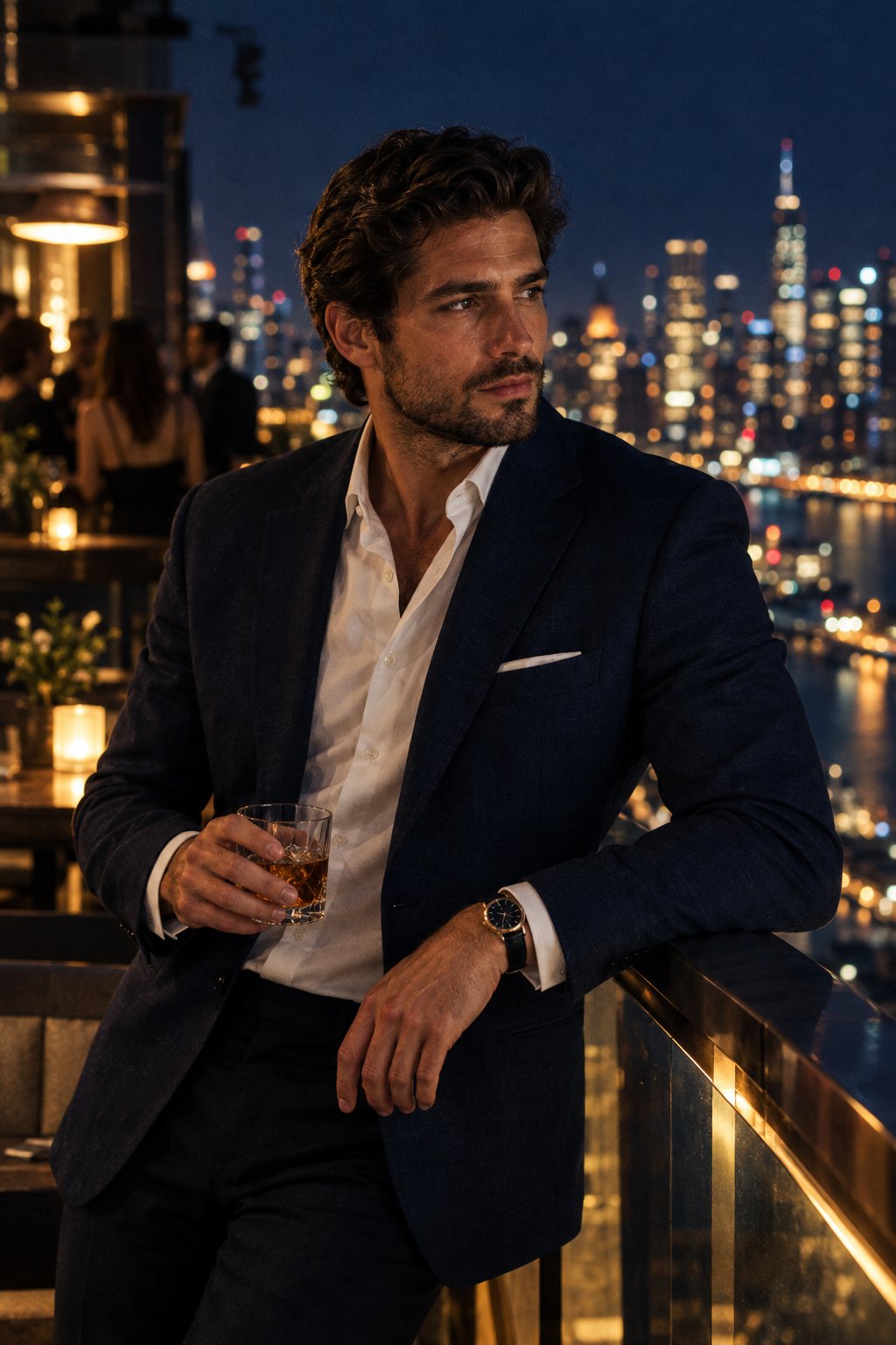 Man in a blazer at a rooftop bar at night