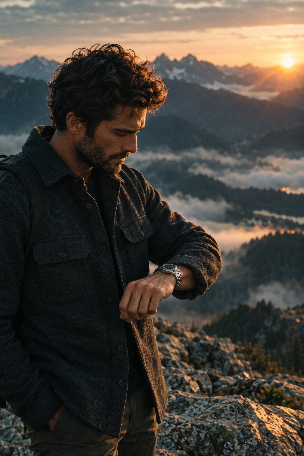 Man checking his watch on a mountain ridge at sunrise