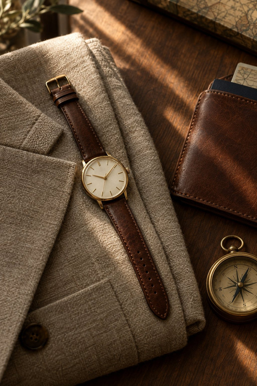 Classic leather-strap dress watch on linen