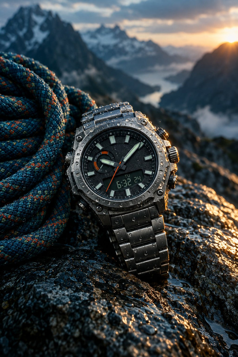 Rugged sport watch on wet stone