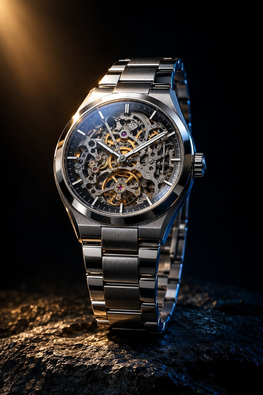 Skeleton automatic watch under a spotlight